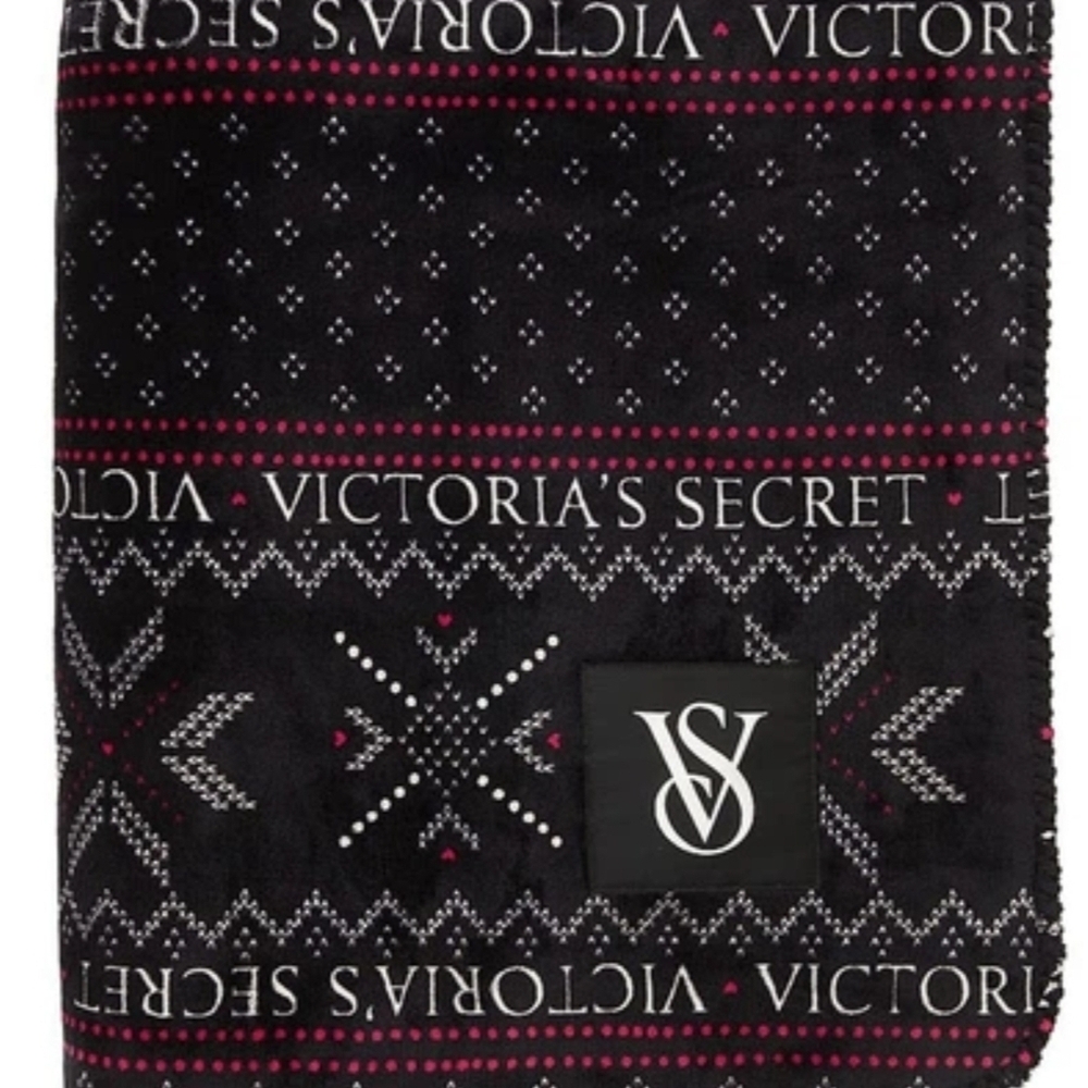 Victoria's Secret Black Blanket with Pink Pattern